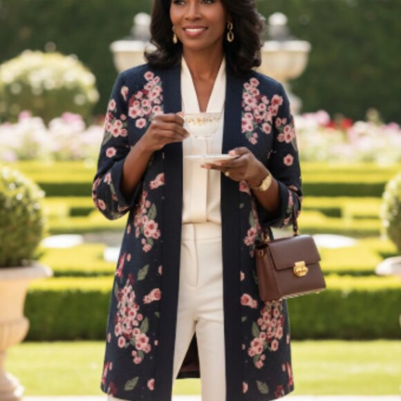 Soft Surroundings Jackets & Blazers - Soft Surroundings XL Floral Appliqué Duster Jacket Navy Pink Red